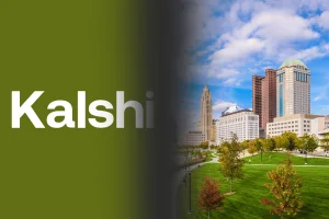 Kalshi, the predictions market provider, has filed a lawsuit against the Ohio Casino Control Commission and the office of the Ohio state Attorney General. Ohio federal judge rejects Kalshi injunction over sports event prediction markets dispute. Kalshi logo on a green background blending into a cityscape of downtown Columbus, Ohio, symbolizing Kalshi’s federal lawsuit against Ohio regulators.