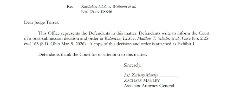 Screenshot of a March 9, 2026 letter from the New York Attorney General’s Office to U.S. District Judge Analisa Torres informing the court of the Ohio decision in KalshiEx LLC v. Schuler denying Kalshi’s preliminary injunction.