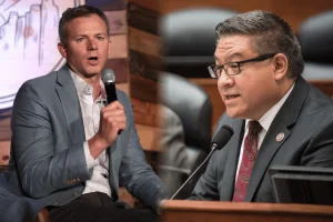 House bill targets controversial prediction event markets. Split image showing two U.S. lawmakers speaking—one holding a microphone at a public event and the other addressing a committee from a dais.