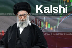 Kalshi prediction market faces lawsuit over Khamenei contract. Illustration of Iran’s Supreme Leader Ali Khamenei in front of the Iranian flag with financial candlestick charts and the word “Kalshi,” representing a prediction market dispute.