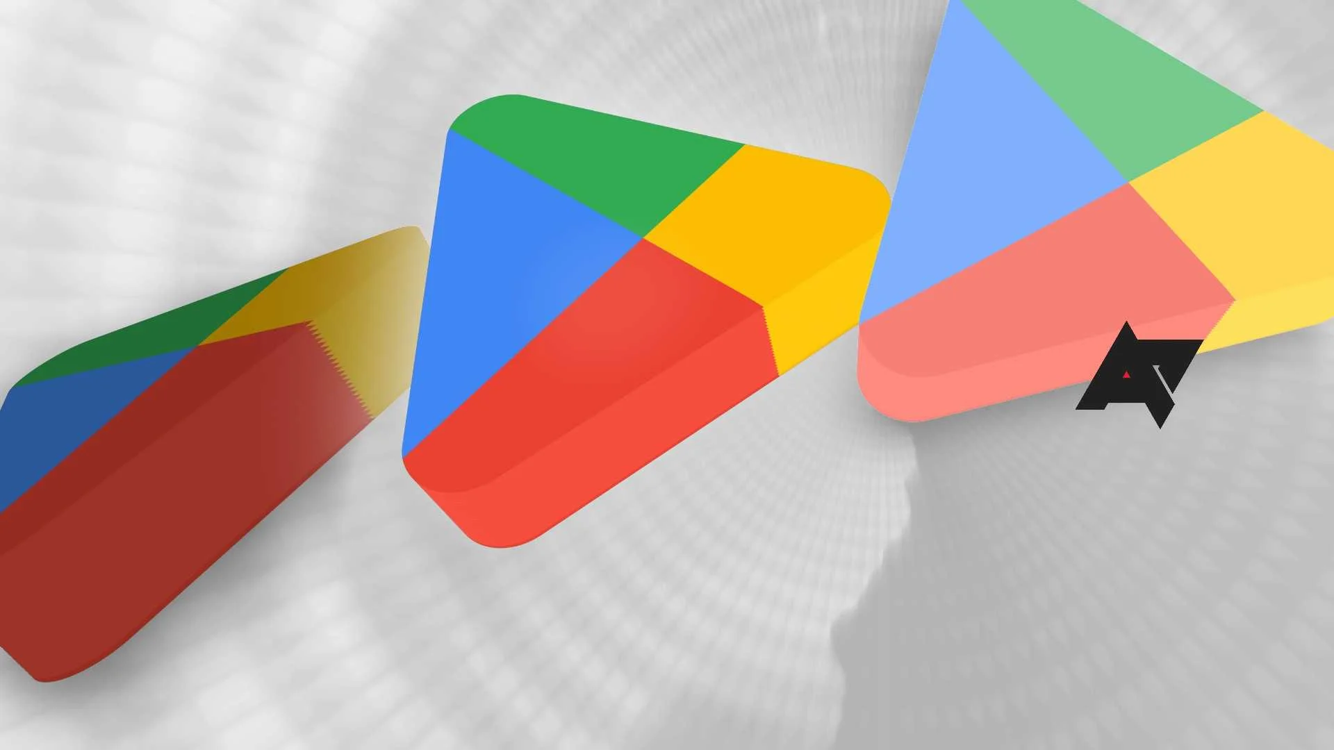 Three Google Play Store arrows in a row against a grey background.