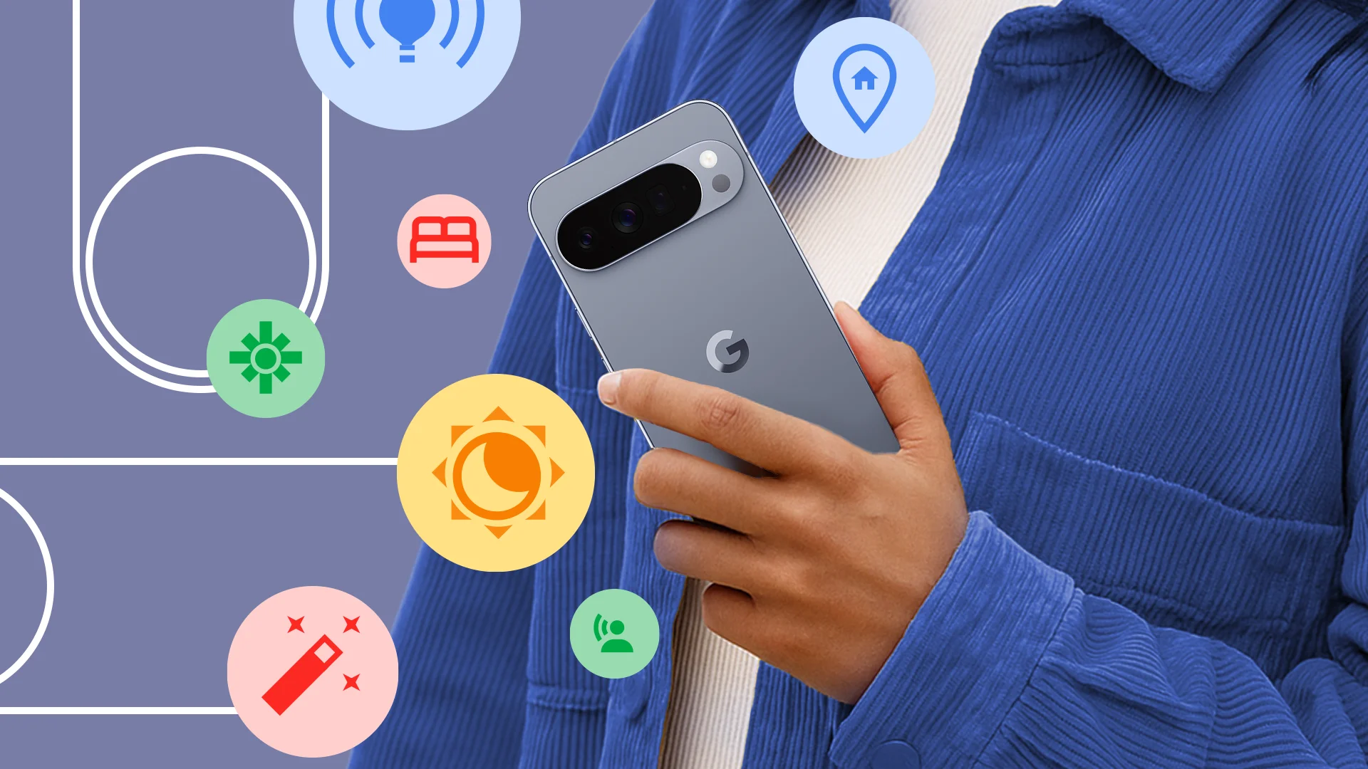 Person holding a Google Pixel smartphone, surrounded by colorful icons representing automation features like location, home, sleep, and routines