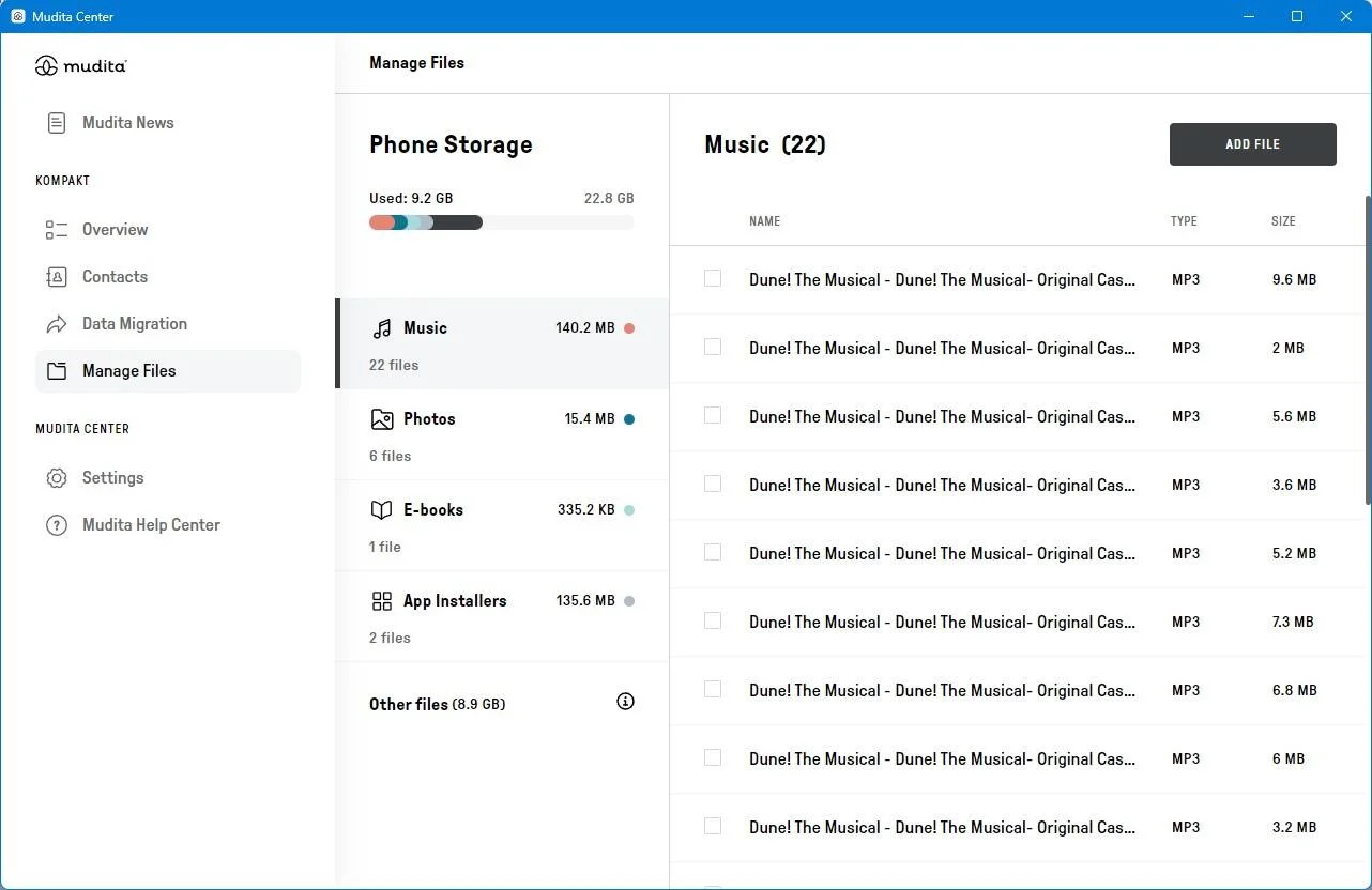 mudita control center app on windows showing list of music tracks