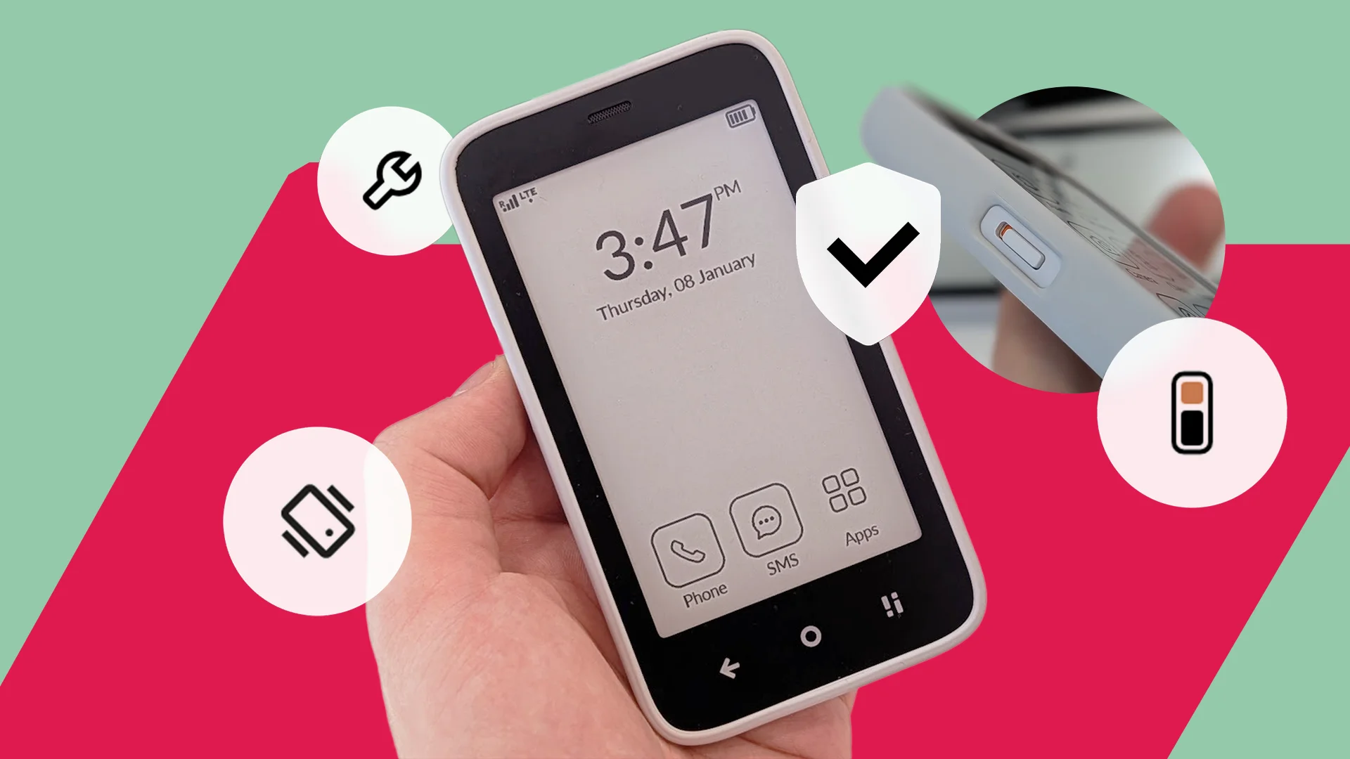 Hand holding a Mudita Kompakt, featuring a close-up of its physical side switch and floating security icons.