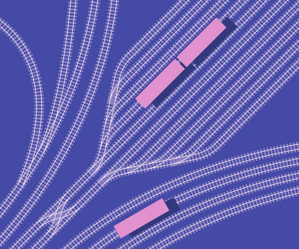 Illustration of pink trains on intersecting railway tracks against a purple background, representing centralized control and routing of AI agents.