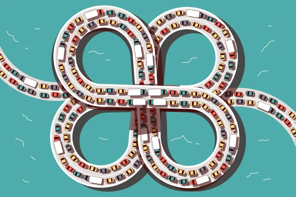 Bumper-to-bumper traffic clogging a highway shaped like an infinity symbol, illustrating the severe security review bottlenecks and scaling challenges caused by AI coding tools in the software development lifecycle.