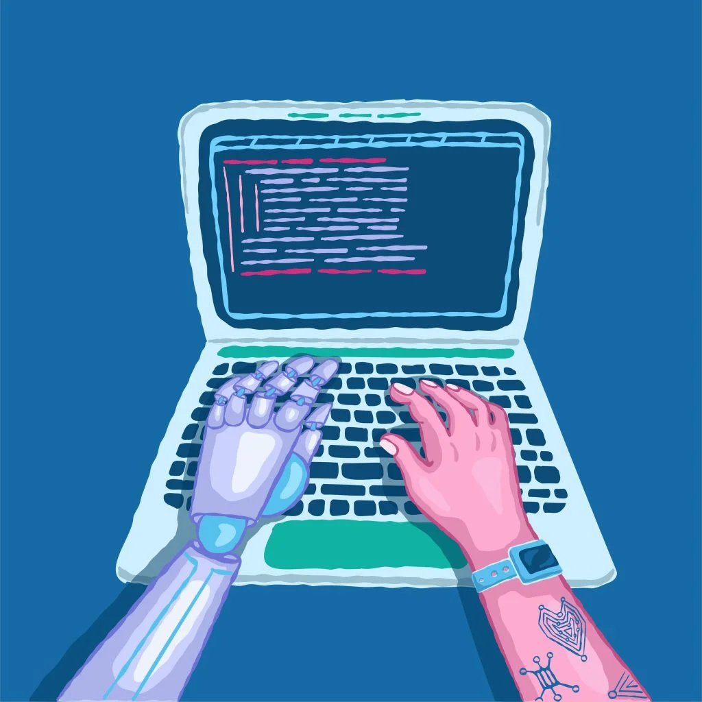 Robot and human hands typing on laptop