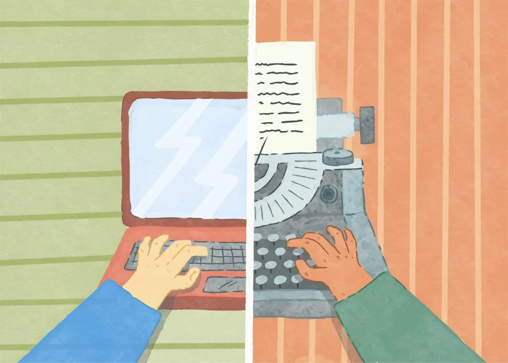 Split-screen illustration contrasting modern and legacy technology, showing a side-by-side view of hands typing on a contemporary laptop versus a vintage mechanical typewriter, symbolizing the friction between modern AI ambitions and outdated IT infrastructure.