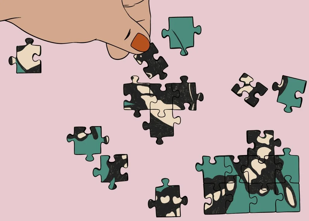 Illustration of a hand assembling scattered puzzle pieces, representing the challenge of combining fragmented data context in enterprise AI systems.