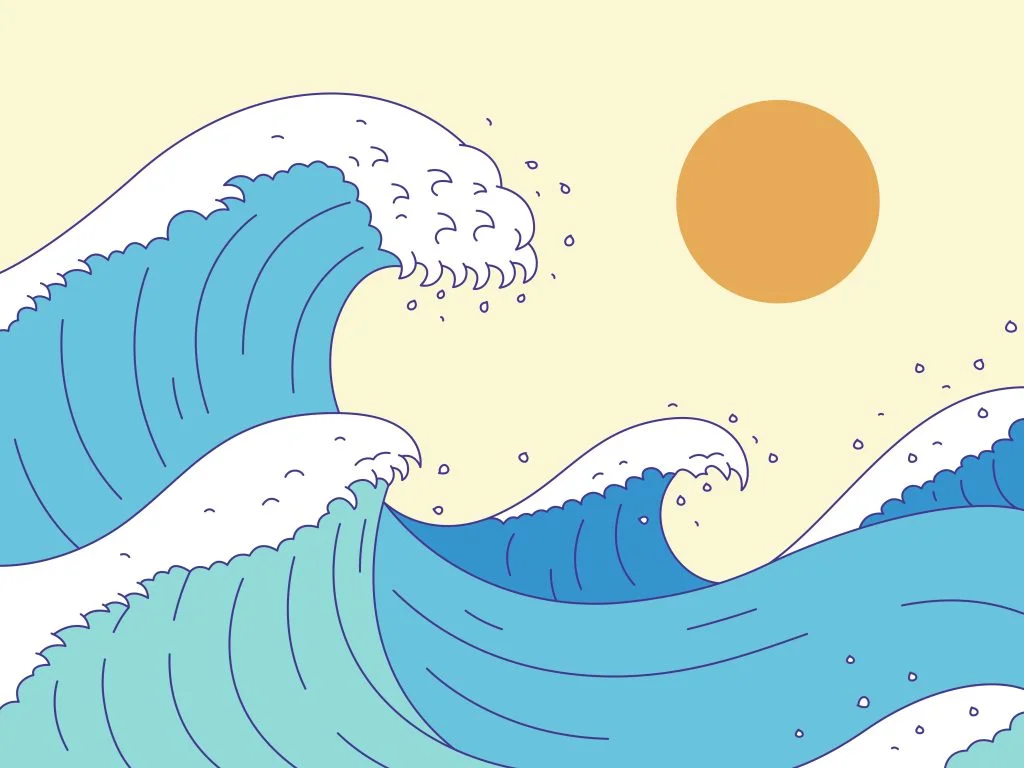 Stylized line art illustration of massive, towering ocean waves with white, curling caps. A large, simple orange circle representing the sun is in the upper right, set against a calm, pale yellow background. The image visualizes treacherous waters and is an ideal metaphor for the chaotic scaling demands and unpredictable workloads of moving AI projects from prototype to production.
