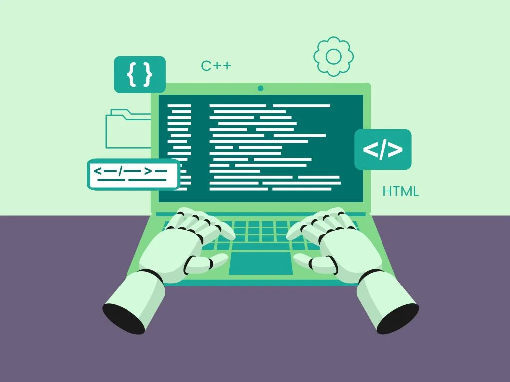 Illustration of robotic hands typing code on a laptop surrounded by programming language icons