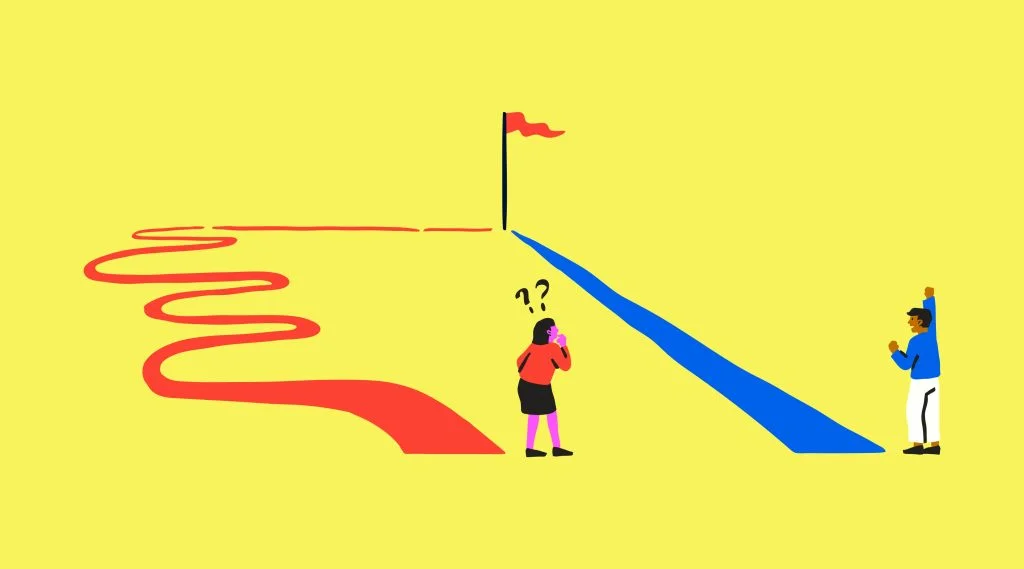 Minimalist illustration on a yellow background showing two people choosing between paths toward a red flag. On the left, a woman looks confused by a long, winding red road. On the right, a man cheers next to a straight, direct blue 'paved road.' The image contrasts complexity and friction with efficiency and success.