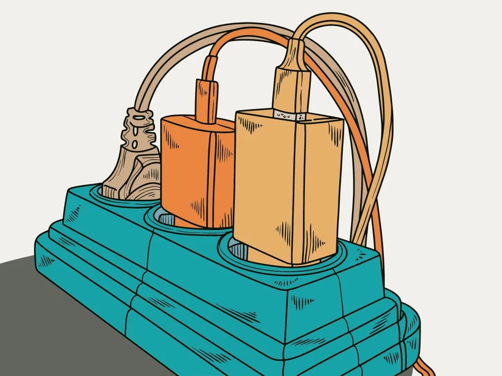 An illustration of a teal power strip with three devices plugged into it. The strip features an orange power adapter in the center and a beige adapter on the right, both with cords looping upward. On the far left, a standard grey plug is inserted. The style is a clean, sketch-like drawing with black outlines against a plain off-white background.