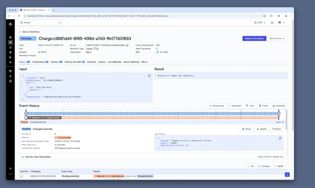 Temporal Web UI screenshot displays running state with ChargeCustomer activity failing on third attempt due to payment service offline error. 
