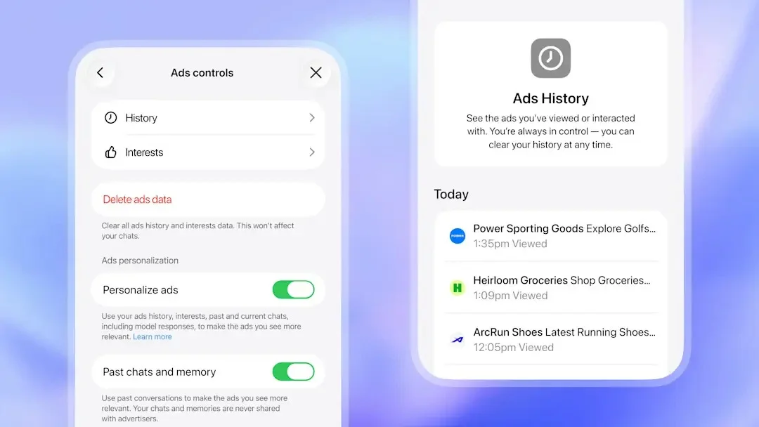 Two screenshots of ad settings in ChatGPT in front of a purple background