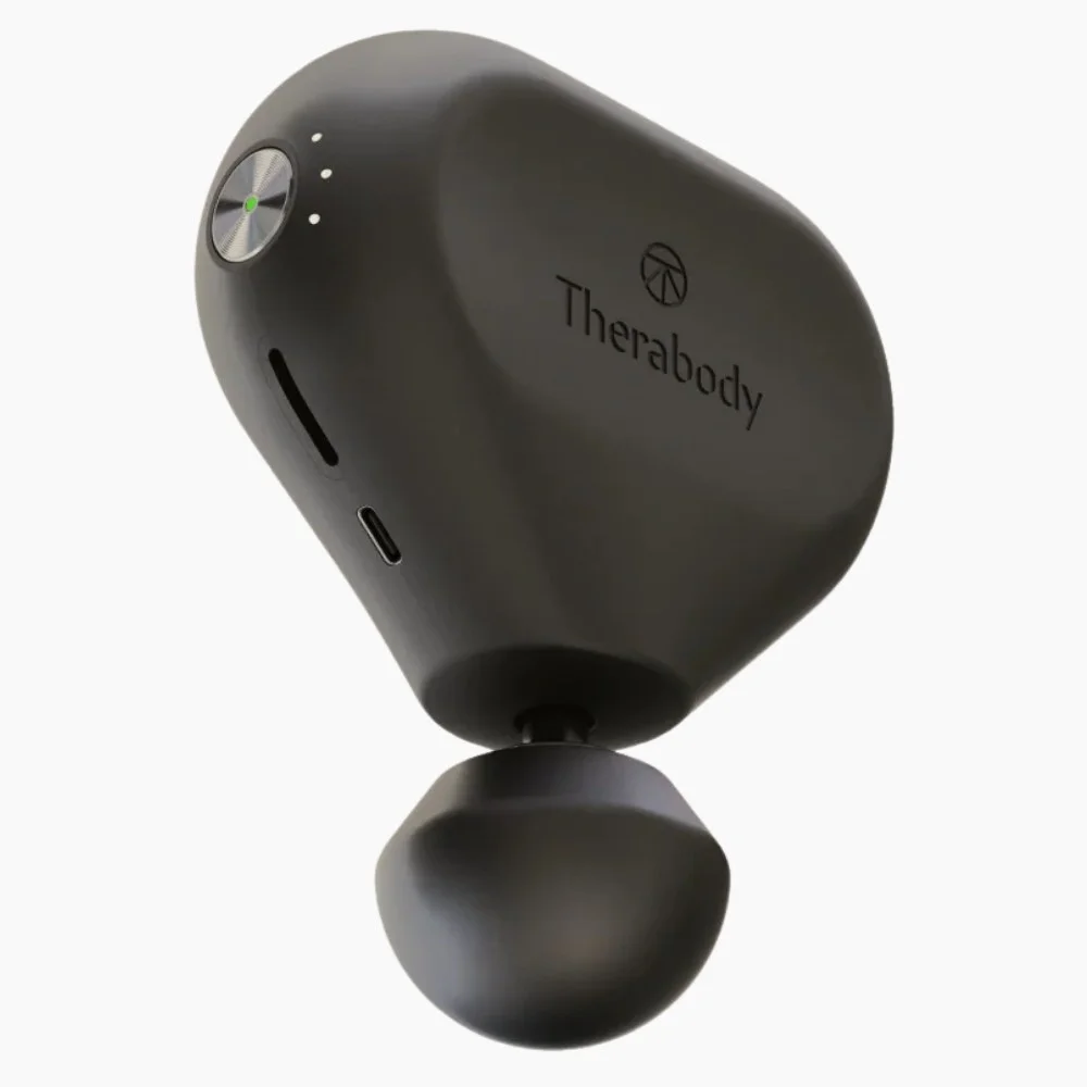 The TheraGun Mini Third-Gen on a light gray background.