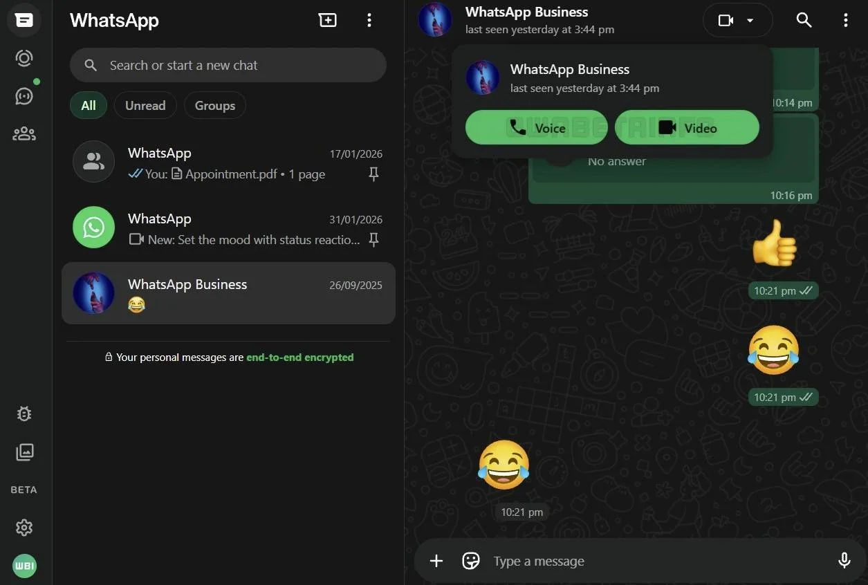 An image highlighting calling support on WhatsApp Web.