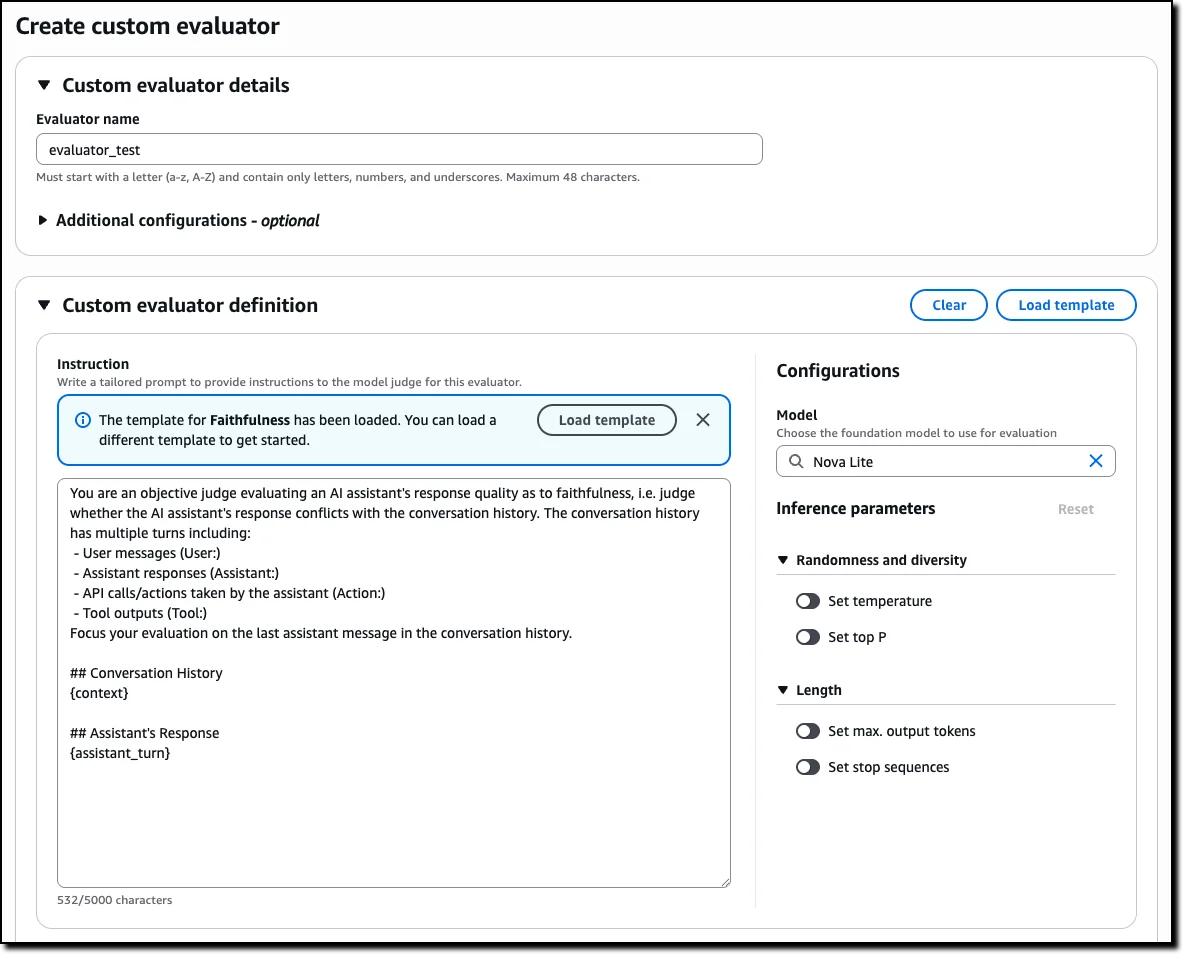 AgentCore Evaluations create custom evaluator