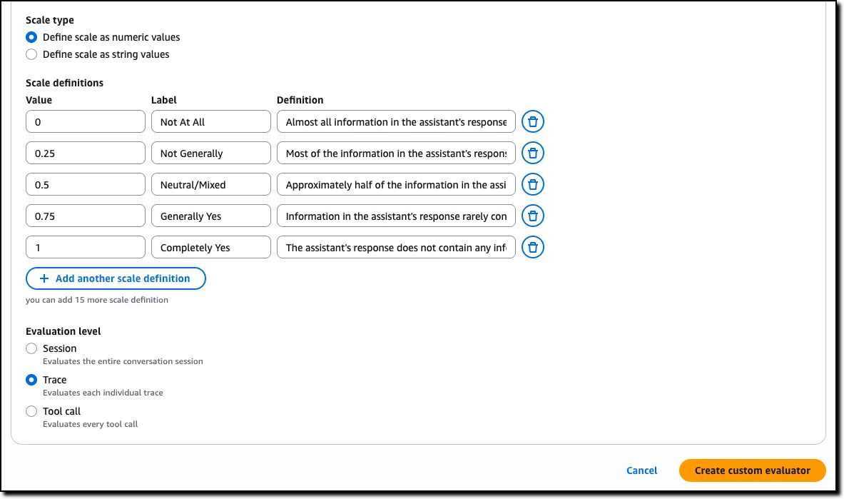 AgentCore Evaluations custom evaluator scale