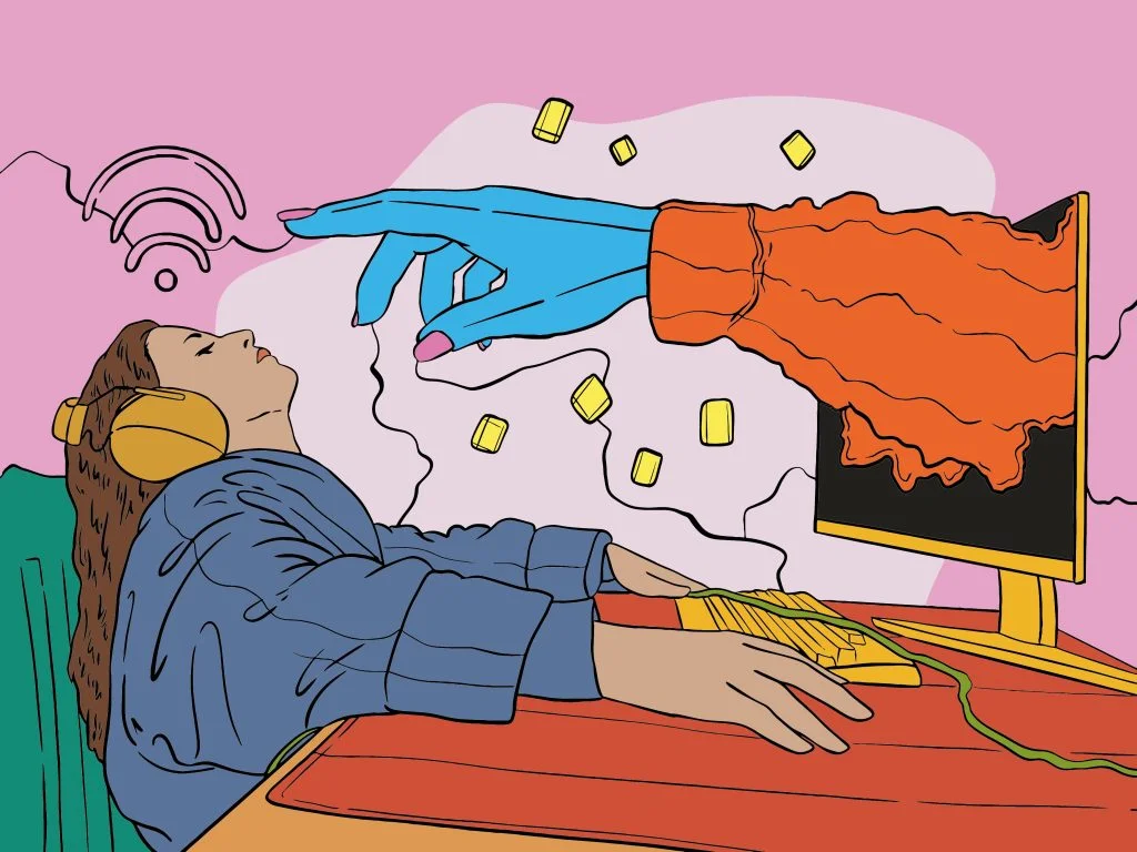 A vibrant, pop-art style illustration of a person sitting at a computer desk wearing headphones and leaning back. A large, stylized blue hand emerges directly from the computer monitor, pointing a finger toward the person’s forehead. The scene features a bright pink background with a Wi-Fi symbol floating above the person’s head and small yellow digital blocks scattered in the air.